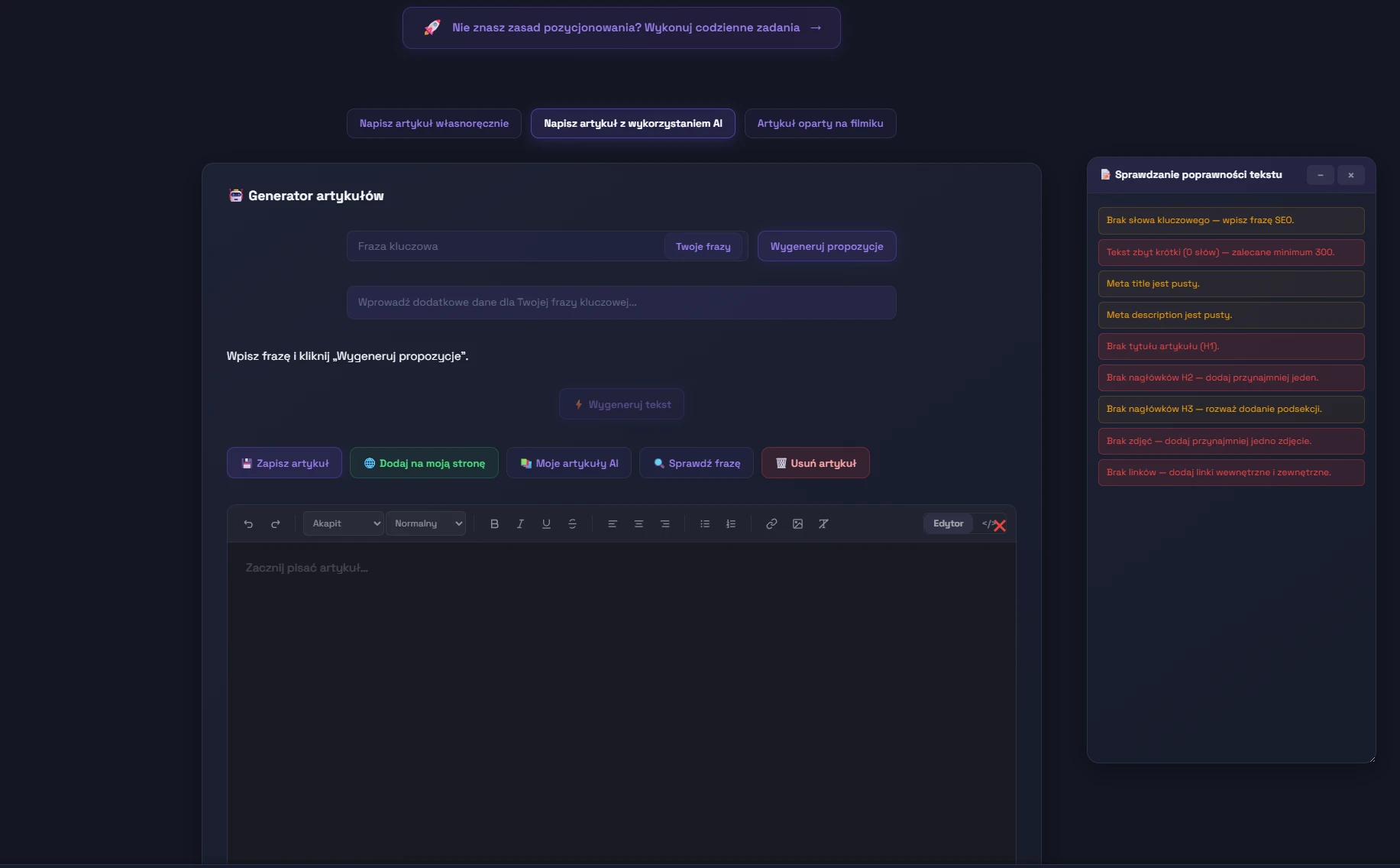pisanie artykulow recznie, przy uzyciu AI oraz generowanie artykulu z filmiku YT dzięki aplikacji seome.pl