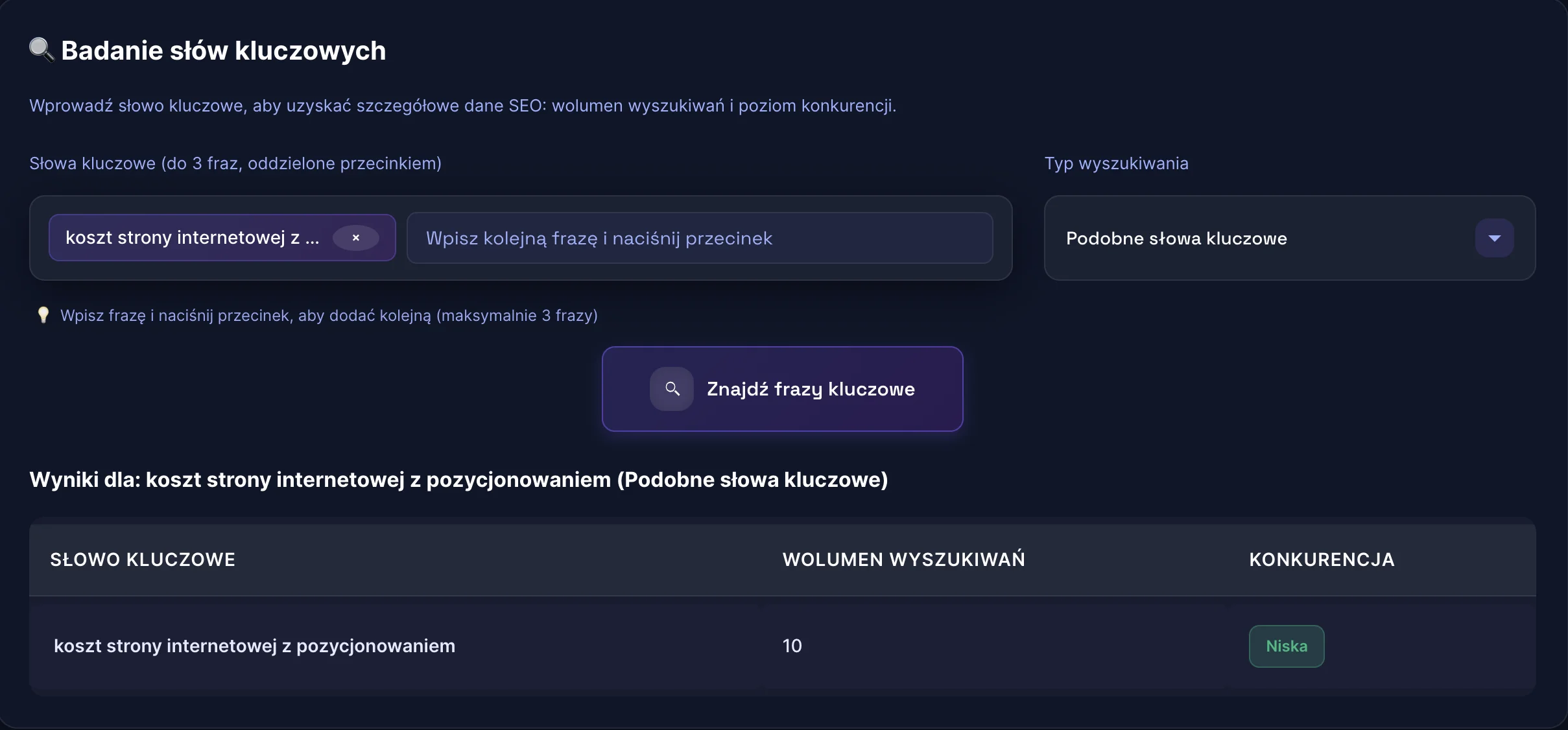 wynik sprawdzania ilosci wyszukiwan frazy - koszt strony internetowej z pozycjonowaniem