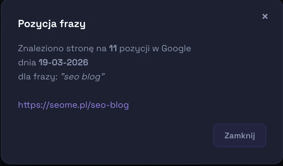 opis znalezionej frazy kluczowej w wynikach google i link do podstrony, która odsyła do tej frazy