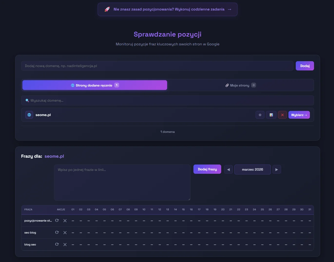 zrzut ekranu z aplikacji do pozycjonowania stron seome.pl pokazujący możliwość dodania stron internetowych do śledzenia ich pozycji w wyszukiwarce google